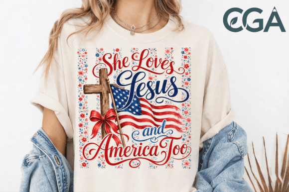 Floral She Loves Jesus and America PNG: Faith & Patriotism