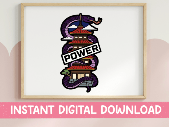 Snake Pagoda Power Tattoo Sticker: Bold Digital Art