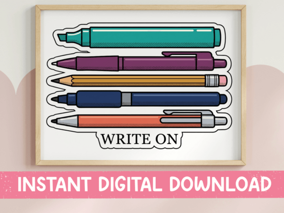 Write On Stacked Pens Pencils Sticker: A Designer's Playful Asset
